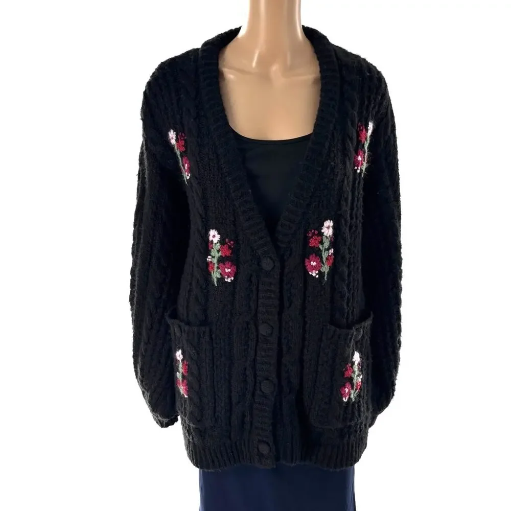For Love & Lemons Black Amaryllis Oversized Floral Button Down Cardigan